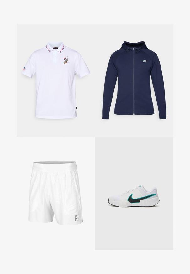 Navyblauwe zip-up hoodie van zachte stof, met een gevoerde capuchon, raglanmouwen en een Lacoste-logo op de linker borst.; Witte polo met een kraag in rood en blauw gestreept, een sluiting met drie knopen en een geborduurd karakterontwerp op de borst.; Witte sportshorts gemaakt van lichtgewicht stof met een elastische tailleband, voorzien van twee zijzakken en een klein zwart logo op de zoom.; Witte sportieve schoen met een textuur mesh bovenwerk, zwarte rubberen zool en teal Nike swooshaccent. Voorzien van veters en een gewatteerde kraag.