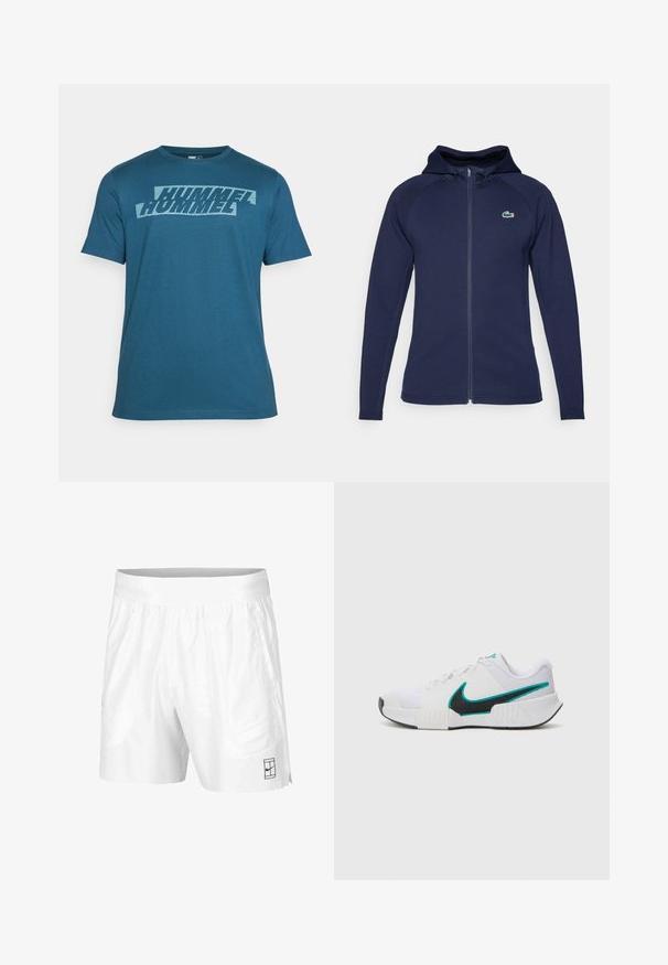 Corta-vento azul marinho com fecho de correr feito de tecido macio, apresentando um capuz forrado, mangas raglan e um logo da Lacoste no lado esquerdo do peito.; T-shirt de manga curta em azul-água, feito de tecido suave, com um design gráfico branco arrojado na parte frontal. Decote redondo e corte regular.; Calções atléticos brancos feitos de um tecido leve com um cós elástico, apresentando dois bolsos laterais e um pequeno logotipo preto na bainha.; Tênis atlético branco com parte superior em malha texturizada, solado de borracha preta e detalhe em swoosh Nike teal. Apresenta cadarços e colarinho acolchoado.