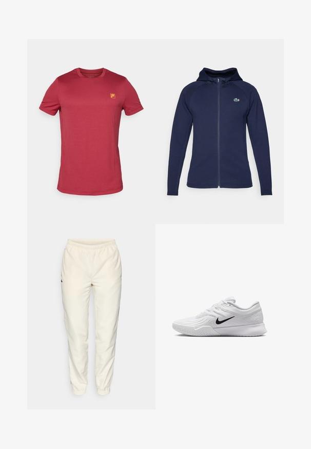 Marineblå zip-up hettegenser laget av myk stoff, med fôret hette, raglanermer og Lacoste-logo på venstre bryst.; Rød T-skjorte med korte ermer laget av teksturert stoff, med en liten gul logo på venstre brystområde. Rund hals og normal passform.; Kremfargede treningsbukser med elastisk liv, smale ben og en liten mørk grønn logo på venstre side. Glatt, lett stoff.; Hvit atletisk sko med teksturert mesh-overdel, svart Nike-svush, polstret krage og gummisåle med mønster.