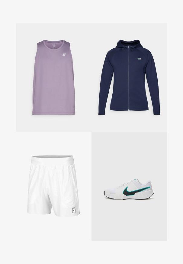 Felpa con zip di colore blu navy realizzata in tessuto morbido, dotata di cappuccio foderato, maniche raglan e logo Lacoste sul lato sinistro del petto.; Canottiera sportiva viola con scollo rotondo e senza maniche. Presenta un piccolo logo bianco sul petto. Realizzata in tessuto leggero.; Pantaloni sportivi bianchi realizzati in tessuto leggero con vita elastica, dotati di due tasche laterali e un piccolo logo nero sull'orlo.; Scarpa da ginnastica bianca con tomaia in rete testurizzata, suola in gomma nera e accento teal del logo Nike. Presenta lacci e colletto imbottito.