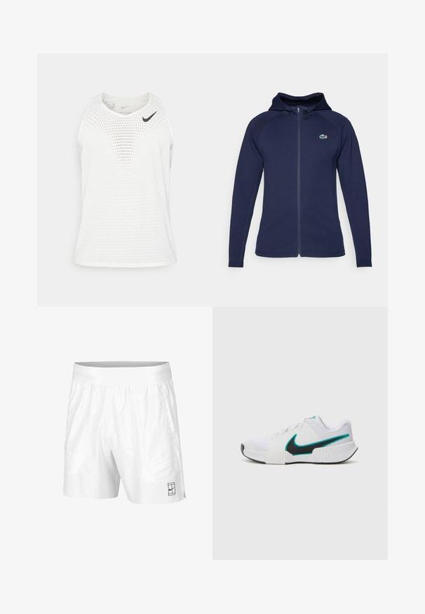 Sötétkék, cipzáras kapucnis pulóver, puha anyagból készült, bélelt kapucnival, raglán ujjal és Lacoste logóval a bal mellen.; Fehér ujjatlan sportpóló légáteresztő hálós anyagból, kerek nyakkivágással és egy apró fekete Nike logóval a bal mellen.; Fehér atlétikai rövidnadrág, könnyű anyagból, rugalmas derékkal, két oldalsó zsebbel és egy kis fekete logóval az alján.; Fehér sportcipő, texturált hálós felsőrésszel, fekete gumi talppal és türkiz Nike pipa akcentussal. Fűzős, párnázott bokarésszel rendelkezik.
