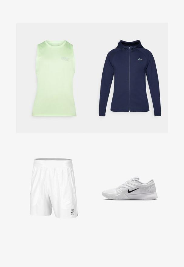 Sudadera con cremallera en azul marino hecha de tela suave, con capucha forrada, mangas raglán y un logo de Lacoste en el lado izquierdo del pecho.; Top sin mangas verde claro, confeccionado en una tela suave, con un escote redondo y un sutil logo "CNZ" impreso en la parte frontal.; Pantalones cortos deportivos blancos con cintura elástica, dos bolsillos laterales y un pequeño detalle de logotipo negro en la parte inferior frontal. Textura suave.; Zapatilla deportiva blanca con parte superior de malla texturizada, swoosh negro de Nike, cuello acolchado y suela de goma con un patrón de taco.