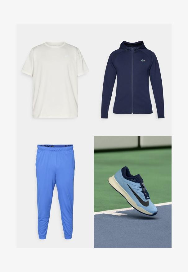 Navy blue zip-up hoodie made of soft fabric, featuring a lined hood, raglan sleeves, and a Lacoste logo on the left chest.; Light-colored short-sleeve t-shirt made from soft material, featuring a round neckline and a small logo on the left chest area.; Men's blue athletic pants made from lightweight fabric, featuring an elastic waistband with a black logo and tapered cuffs at the ankles.; Light blue athletic shoe with navy accents, textured mesh upper, and black Swoosh logo. Features a cushioned midsole and rubber outsole.