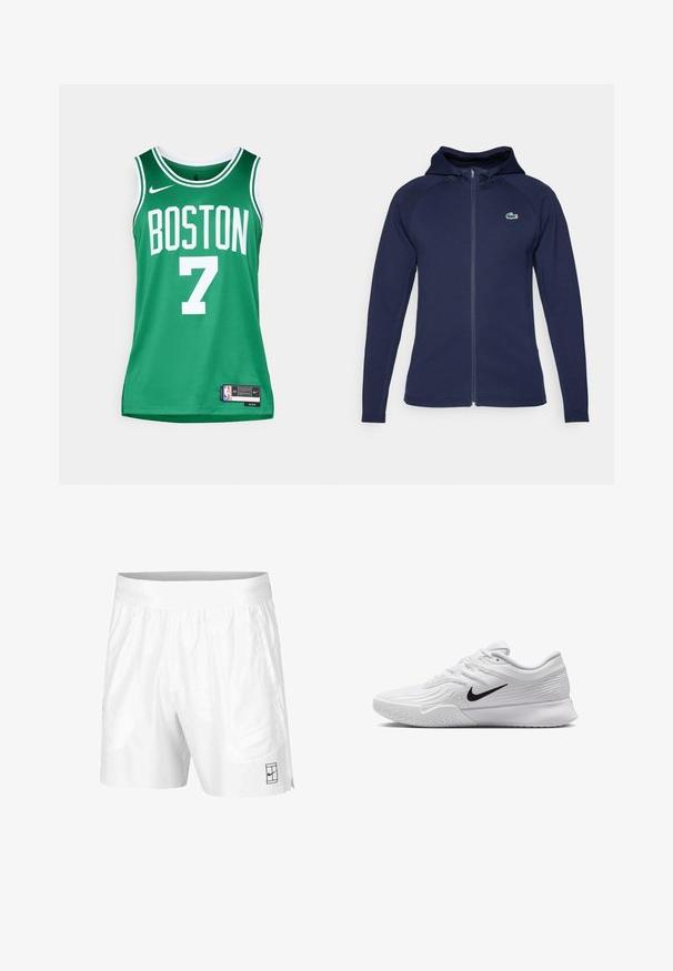 Corta-vento azul marinho com fecho de correr feito de tecido macio, apresentando um capuz forrado, mangas raglan e um logo da Lacoste no lado esquerdo do peito.; Camisa de basquetebol verde com letras brancas. Apresenta "BOSTON" e o número "7". Feita de material de malha respirável, com um logótipo e etiqueta da Nike.; Calções atléticos brancos feitos de um tecido leve com um cós elástico, apresentando dois bolsos laterais e um pequeno logotipo preto na bainha.; Sapatilha atlética branca com parte superior em malha texturizada, swoosh preto da Nike, colarinho almofadado e sola de borracha com um padrão de ranhura.