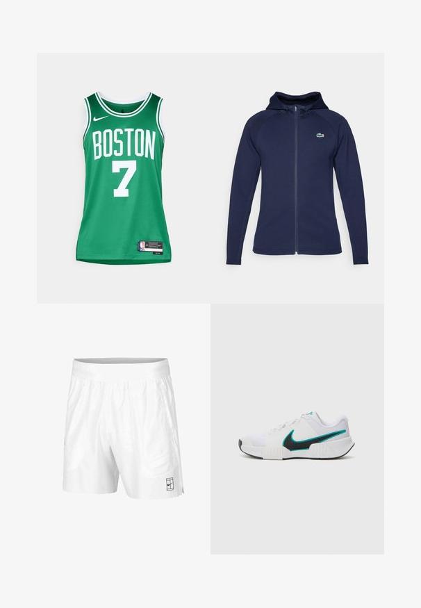 Mornarsko modra zip-up kapuca iz mehkega blaga, z obloženim kapuco, raglan rokavi in Lacoste logotipom na levi prsni strani.; Zelena košarkarska majica z belimi napisi. Ima napis "BOSTON" in številko "7". Narejena je iz zračnega mrežastega materiala, z znakom in oznako Nike.; Bele športne kratke hlače iz lahkotnega materiala z elastičnim pasom, ki imajo dva stranska žepa in majhen črn logotip na robu.; Bela športna copata z teksturiranim mrežastim zgornjim delom, črnimi gumijastimi podplati in teal Nike simbolom kot poudarkom. Ima vezalke in oblazinjen ovratnik.