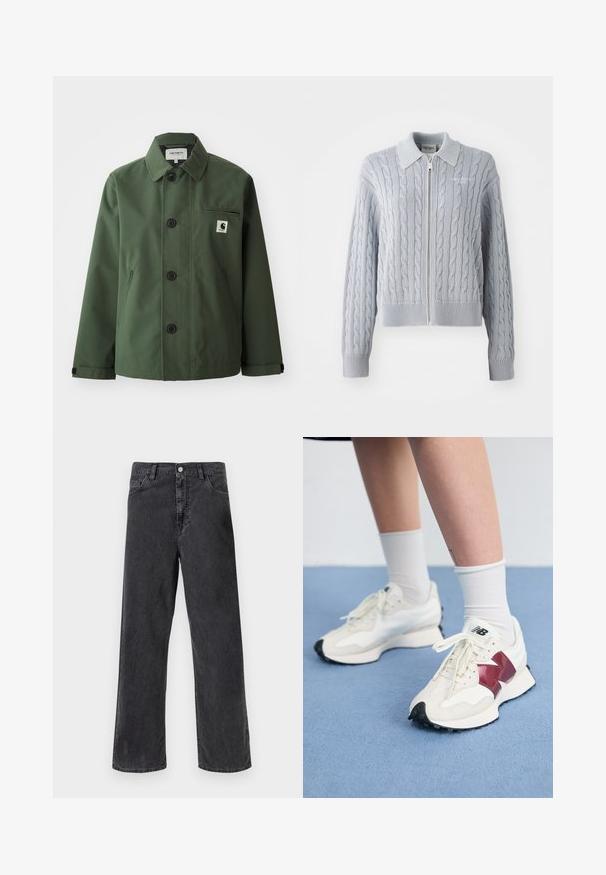 Dunkelgrüne Jacke aus glattem Stoff mit geradem Schnitt, ausgestattet mit einem Kragen, vorderen Knöpfen, Brusttasche und seitlichen Taschen.; Hellblaue Strickjacke aus Kabelstrick mit einem Reißverschluss, Kragen, gerippten Bündchen und Saum. Sie hat ein strukturiertes Muster mit glatter Oberfläche.; Helles rosa Hemd mit Knopfverschluss, strukturierter Musterung, langen Ärmeln, einer Brusttasche und einem kleinen Logofähnchen an der Tasche.; Schwarze Jeans aus Denim mit geradem Schnitt, mit Metallknopfverschluss, fünf Taschen und sichtbaren Nähten. Glatte Textur und gedämpfte Farbe.; Ein Paar weiße Sneakers mit kastanienbraunen Akzenten, strukturierten Paneelen, flacher schwarzer Außensohle und hellen Schnürsenkeln, getragen mit weißen Knöchelsocken.