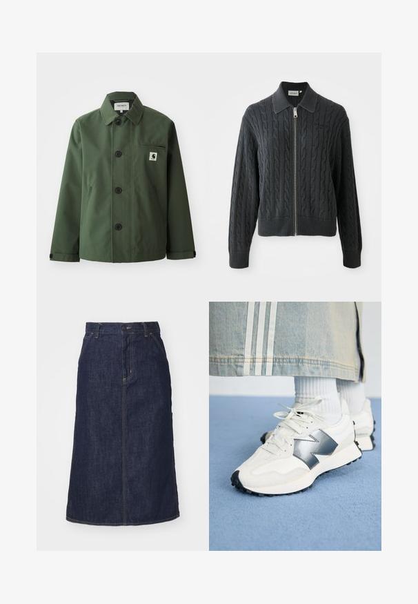 Tamnozelena jakna od glatkog materijala sa ravnim krojem, koja ima ovratnik, prednje dugmadi, džep na prsima i bočne džepove.; Tamnosivi pulover sa patentnim zatvaranjem, izrađen od pletiva u obliku kablova, s ovratnikom i rebrastim manžetama i donjim rubom. Ima srebrni patentni zatvarač.; Dvije bijele pamučne majice kratkih rukava, s okruglim izrezima i uskim krojem, s glatkom teksturom i minimalističkim dizajnom.; Tamni traper suknja s visokim strukom, ravnog kroja, prednjim džepovima i šavovima. Ima zatvarač i dugme na struku.; Bijele atletske tenisice s srebrnim akcentom, teksturiranim materijalom i glatkom kožom; s crnim gumеним potplatom i vezicama.