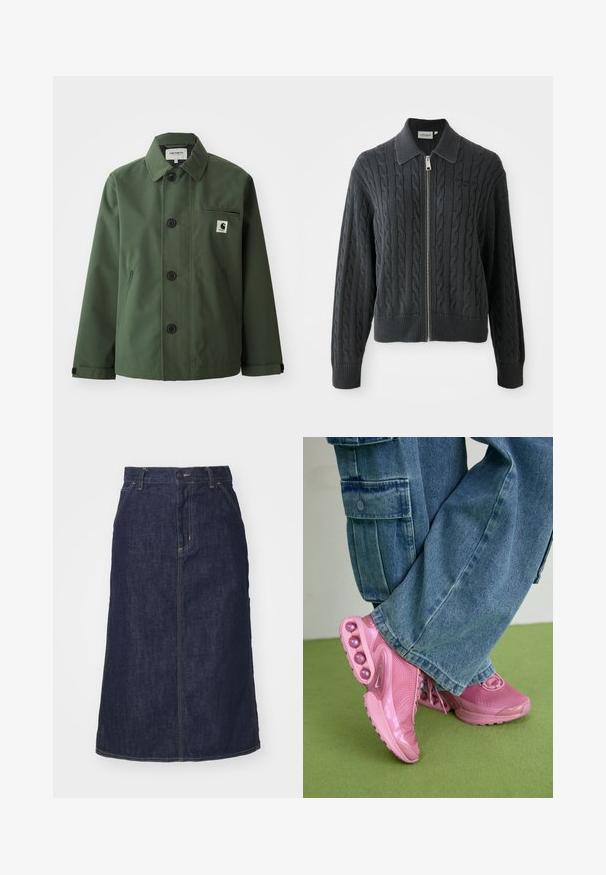 Dark green jacket made of smooth fabric with a straight cut, featuring a collar, front buttons, chest pocket, and side pockets.; Dark gray zip-up sweater with a cable knit pattern, collared design, and ribbed cuffs and hem. Features a silver zipper closure.; Set of three short-sleeve t-shirts in black, gray, and white. Made from cotton, featuring a crew neck and a simple, solid color design.; Dark denim skirt with a high waist, straight cut, front pockets, and stitched seams. Features a zip and button closure at the waist.; Pink athletic shoes with a mesh upper and glossy accents, featuring rounded cushioning pods on the sole. Worn with wide denim pants.