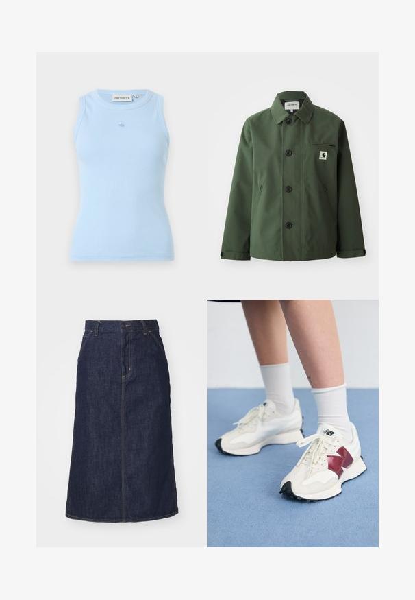 Dark green jacket made of smooth fabric with a straight cut, featuring a collar, front buttons, chest pocket, and side pockets.; Dark gray zip-up sweater with a cable knit pattern, collared design, and ribbed cuffs and hem. Features a silver zipper closure.; Light blue ribbed tank top with a round neckline, sleeveless design, and a small logo on the chest. Made from a soft, stretchy material.; Dark denim skirt with a high waist, straight cut, front pockets, and stitched seams. Features a zip and button closure at the waist.; Pair of white sneakers with maroon accents, textured panels, flat black outsole, and light laces, worn with white ankle socks.