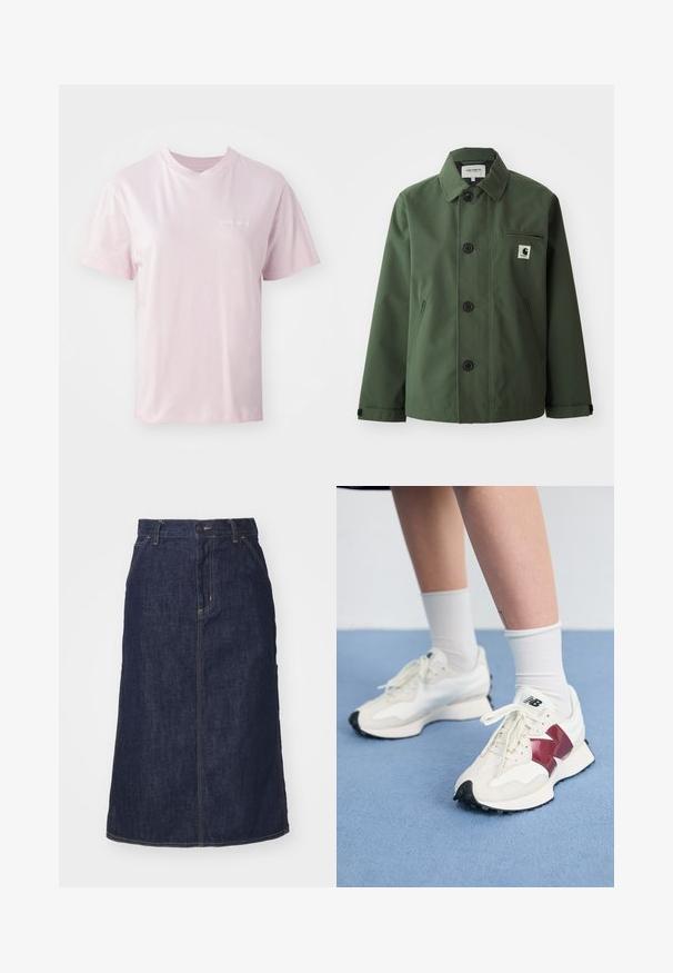 Mørkegrøn jakke lavet af glat stof med lige snit, hvilket inkluderer krave, forknapper, brystlomme og sidelommer.; Mørkegrå lynlåstrøje med kabelstrikket mønster, krave-design og ribkantede manchetter og kant. Har en sølv lynlås lukning.; Lyserød bomulds t-shirt med rund hals, korte ærmer og et diskret logo trykt i hvidt på venstre brystområde.; Mørk denimnederdel med høj talje, lige skæring, forlommer og stikninger. Har lynlås og knaplukning i taljen.; Et par hvide sneakers med maroon detaljer, strukturerede paneler, flad sort sål og lyse snørebånd, båret med hvide ankelstrømper.