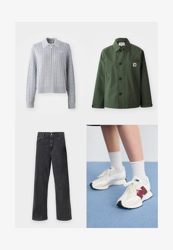 Casaco verde-escuro feito de tecido liso com um corte reto, apresentando colarinho, botões frontais, bolso no peito e bolsos laterais.; Cardigã azul em ponto de cable com fecho em zíper, colarinho, punhos e bainha canelados. Apresenta um padrão texturizado com um acabamento suave.; Camisa botão rosa claro com padrão texturizado, mangas longas, um bolso no peito e uma pequena etiqueta de logo no bolso.; Jeans de ganga pretos com um corte de perna reta, apresentando um fecho com botão metálico, cinco bolsos e costuras visíveis. Textura suave e cor discreta.; Par de tênis brancos com detalhes em bordô, painéis texturizados, sola preta lisa e atacadores claros, usados com meias brancas até ao tornozelo.