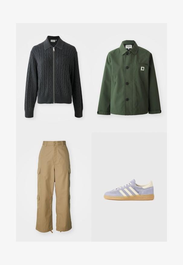 Casaco verde-escuro feito de tecido liso com um corte reto, apresentando colarinho, botões frontais, bolso no peito e bolsos laterais.; Pullover cinza escuro com fecho de zip, padrão de malha trançada, design com gola e punhos e bainha canelados. Apresenta um fecho de zipper prateado.; T-shirt de algodão de manga curta azul claro com decote redondo e pequeno logótipo da Carhartt em amarelo e vermelho no lado esquerdo do peito.; Calças cargo bege com uma cintura alta, pernas largas e quatro grandes bolsos laterais. Feitas de um tecido resistente com uma textura suave e minimalista.; Sneaker de camurça roxa com três riscas brancas, sola de borracha goma e detalhes em creme no calcanhar e na língua. Design minimalista com detalhe do logótipo.