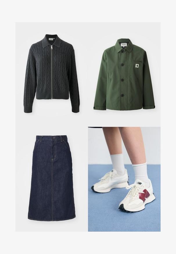 Ciemnozielona kurtka wykonana z gładkiego materiału o prostym kroju, z kołnierzykiem, guzikami z przodu, kieszenią na piersi oraz kieszeniami bocznymi.; Ciemnoszara bluza na zamek błyskawiczny z wzorem w warkocz, z kołnierzykiem oraz ściągaczami przy mankietach i u dołu. Posiada srebrny zamek błyskawiczny.; Zestaw trzech koszulek z krótkim rękawem w kolorze czarnym, szarym i białym. Wykonane z bawełny, z okrągłym dekoltem i prostym, jednolitym wzorem.; Ciemnoniebieska spódnica dżinsowa z wysokim stanem, prostym krojem, przednimi kieszeniami i przeszyciami. Posiada zamek błyskawiczny i guzik w pasie.; Para białych sneakersów z bordowymi akcentami, teksturowanymi panelami, płaską czarną podeszwą i jasnymi sznurowadłami, noszonych z białymi skarpetkami do kostek.