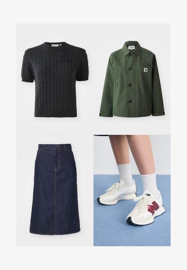 Tamnozelena jakna od glatkog materijala sa ravnim krojem, koja ima ovratnik, prednje dugmadi, džep na prsima i bočne džepove.; Crna pletiva majica kratkih rukava s uzorkom pletenice, rebrastim izrezom na vratu i suptilnim logotipom brenda izvezenim na prsima.; Tamni traper suknja s visokim strukom, ravnog kroja, prednjim džepovima i šavovima. Ima zatvarač i dugme na struku.; Par bijelih tenisica s maroon akcentima, teksturiranim panelima, ravnim crnim potplatom i svijetlim vezicama, nošene s bijelim čarapama do gležnjeva.