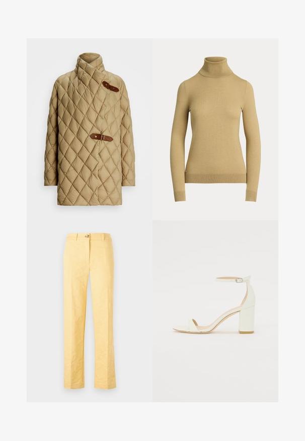 Bežová prešívaná bunda s vysokým golierom a diagonálnym prešívaním; obsahuje dva kožené pracky na zapínanie. Mäkkučká, nadýchaná štruktúra.; Sveter s vysokým golierom v svetlej béžovej farbe, vyrobený z hladkej, jemnej pleteniny. Má dlhé rukávy a priliehavý strih so žebrovaným lemom.; Žlté strihané nohavice s textúrovaným kvetinovým vzorom, priamy strih, zapínanie na gombík a pútka na opasok v oblasti pásu.; Biele kožené sandále na blokovom podpätku s remienkom okolo členku a minimalistickým dizajnom. Otvorená špička a hladké textúry po celom povrchu.