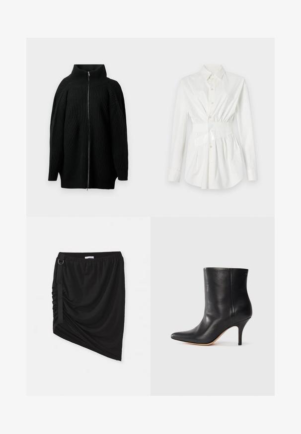 Čierny pletený sveter s vysokým golierom, vybavený plným zipsom na prednej strane, širokými rukávmi a vertikálnou ryhovanou textúrou. Minimalistický dizajn.; Biela košeľa na gombíky s dlhými rukávmi, priliehavým pásom a lesklým opaskom. Vyrobená z hladkej, ľahkej tkaniny.; Čierna nariasaná sukňa vyrobená z jemného materiálu, s asymetrickým lemom a bočným pásom s kovovým krúžkom.; Čierne kožené členkové topánky s špicatou špičkou, úzkym stiletto podpätkom a hladkou textúrou. Minimalistický dizajn bez viditeľných kovových prvkov alebo akcentov.