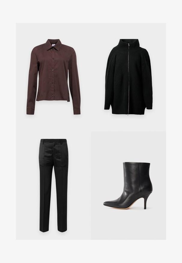 Zwarte gebreide trui met hoge kraag, voorzien van een volle ritssluiting aan de voorkant, brede mouwen en verticale geribbelde textuur. Minimalistisch ontwerp.; Donkerbruine knoopshirt met lange mouwen, een puntige kraag en zwarte knopen. Gemaakt van een gladde stof met een effen patroon.; Zwarte op maat gemaakte broek met rechte pijpen en een tailleband met riemlussen, voorzien van een mix van matte en glanzende stofpanelen.; Zwarte leren enkelboot met puntige neus, slanke stilettohak en een gladde textuur. Minimalistisch ontwerp zonder zichtbare hardware of accenten.