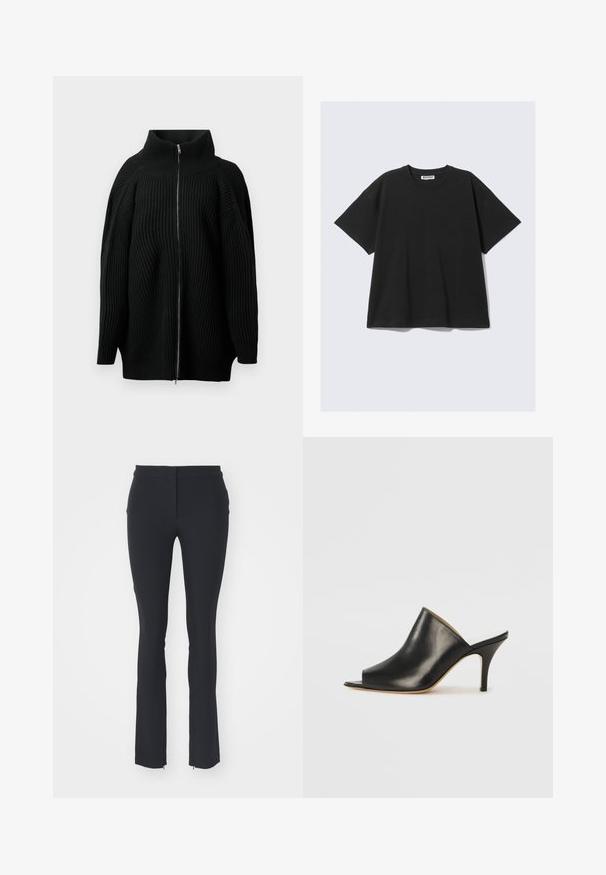 Čierny pletený sveter s vysokým golierom, vybavený plným zipsom na prednej strane, širokými rukávmi a vertikálnou ryhovanou textúrou. Minimalistický dizajn.; Čierne triko s krátkym rukávom z bavlny s voľným strihom, okrúhlym výstrihom a minimalistickým dizajnom. Žiadne vzory ani viditeľné akcenty.; Čierne elastické nohavice s priliehavým strihom, hladkou textúrou, rovnými nohavicami a malými postrannými zipsami na leme.; Čierne kožené otvorené muly s elegantným, zakriveným dizajnom, vysokým stiletto opätkom a hladkou textúrou. Interiér má kontrastnú svetlú farbu.