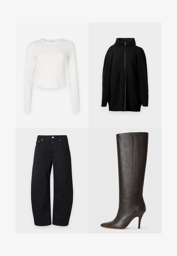 Juodas megztas džemperis su aukštu apykakle, laikomas užtrauktuku visu ilgiu, plačiomis rankovėmis ir vertikaliu raukšlėtu tekstūru. Minimalistinis dizainas.; Baltas, ilgas rankovėmis, raukšlėtas marškinėliai su apvaliu iškirpimu ir trumpu hemu. Minkšta tekstūra ir minimalistinis dizainas, kuriame yra mažas logotipas šone.; CLOSED JAZZIE - Laisvo kirpimo džinsai - black; Juodos odinės iki kelių botai, su smailiu pirštu, glotnaus dizaino ir plonu aukštu kulnu. Lygus tekstūra ir minimalus dekoravimas.