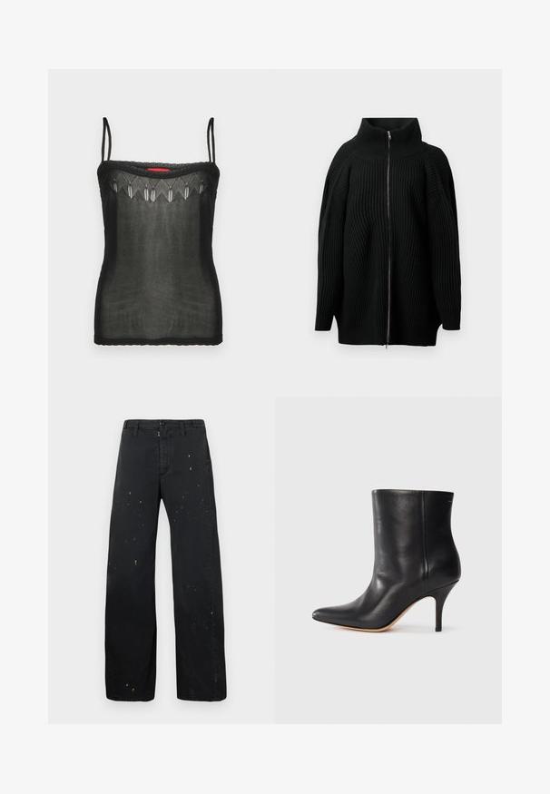 Juodas megztas džemperis su aukštu apykakle, laikomas užtrauktuku visu ilgiu, plačiomis rankovėmis ir vertikaliu raukšlėtu tekstūru. Minimalistinis dizainas.; Juodas camisole tipo marškinėlis, pagamintas iš permatomo audinio, puošnus subtiliais siuvinėjimais aplink iškirptę ir plonomis reguliuojamomis petnešomis.; MM6 Maison Margiela PANTS - Laisvo kirpimo džinsai - black; Juodos odinės kulkšninių botų su smailiu nosiu, siauru stiletto kulnu ir lygia tekstūra. Minimalistinis dizainas, be matomų aparatūros ar akcentų.