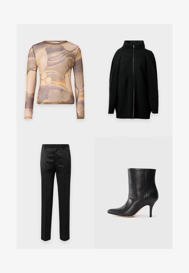 Melnā adīta džemperis ar augstu apkakli, ar pilnu priekšējo rāvējslēdzēju, plašām piedurknēm un vertikālu ribotas tekstūras dizainu. Minimālistisks stils.; Garš piedurkņu krekls no caurspīdīga auduma ar brūnu un bežīgu abstraktu rakstu ar dzelteniem akcentiem. Apaļa kakla izgriezuma un pieguļošs siluets.; Melni pielāgoti bikses ar taisnām kājām un jostu ar cilpiņām, kas ietver matētu un spīdīgu audumu paneļus.; Melnas ādas potītes zābaki ar norādītu pirkstu, šauru stiletto papēdi un gludu tekstūru. Minimalistiska dizaina, bez redzamām detaļām vai akcentiem.
