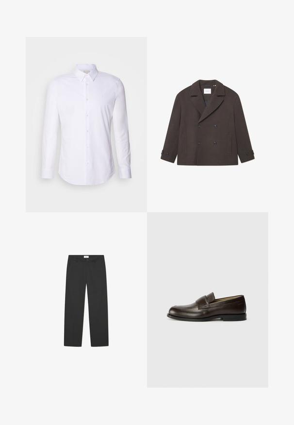 Sötétbarna, dupla soros kabát, texturált gyapjú keverékből készült. Széles gallérral, oldalsó zsebekkel és gombos díszítéssel rendelkezik az ujjain.; Fehér, hosszú ujjú gombos ing sima anyagból, klasszikus gallérral, elülső gombokkal és diszkrét logóval a mellkason.; Fekete, könnyű anyagból készült nadrág. Egyenes lábakezeléssel, sima elülső résszel, oldalsó zsebekkel és diszkrét derékrésszel rendelkezik.; Calvin Klein Belebújós cipők - cocoa brown
