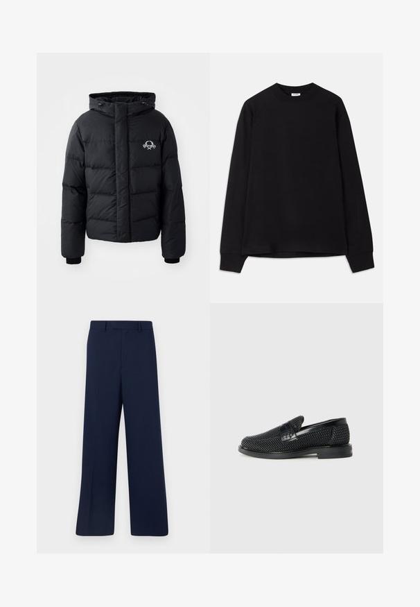 Doudoune noire avec capuche, présentant un design matelassé, des poignets élastiques et un logo sur la poitrine. Fabriquée dans un matériau lisse et résistant à l'eau.; T-shirt noir à manches longues en coton doux. Présente un col rond, une coupe ample et des poignets côtelés. Aucun motif ou logo visible.; MSGM PANTALONE PANTS - Pantalon classique - navy; Chaussure slip-on tissée noire avec un accent en cuir lisse sur le dessus, un design à bout rond et une semelle en caoutchouc à profil bas.