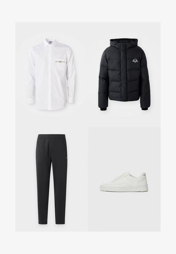 Must väljakutsete sätetele lõhelise disainiga must puhvrjakker, kapuutsiga, elastsete mansettidega ja rinnal logo. Valmistatud siledast, veekindlast materjalist.; Mustast sweatshirt pehmest kangast, ümar kaelus ja soonikud varrukkates. Ees silmatorkav valge "MOSCHINO" logo.; Valge pika varrukaga särk, mis on valmistatud puuvillast. Omab nööpidega esiosa, teravat kraed ja väikest taskut brändingu jaoks rinnal.; Mustad jogger pants pehmest kangast, millel on elastne vöökoht, sirged sääred ja üks väike logodetail küljel.; Valge nahast tennis, millel on sile põhi, ümar varvas, lamedad nöörid ja tekstuuriline tall. Sisaldab diskreetset logo kontsaribal.