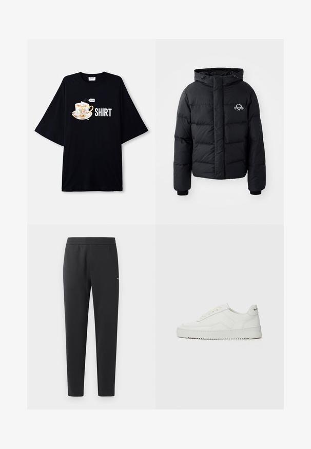 Must väljakutsete sätetele lõhelise disainiga must puhvrjakker, kapuutsiga, elastsete mansettidega ja rinnal logo. Valmistatud siledast, veekindlast materjalist.; Mustast sweatshirt pehmest kangast, ümar kaelus ja soonikud varrukkates. Ees silmatorkav valge "MOSCHINO" logo.; Mustris suur t-särk mustas värvuses, millel on graafika lillelisest teekruusist koos teepakiga, tekst "MOSCHINO" ja "SHIRT" rasvases valges kirjas.; Mustad jogger pants pehmest kangast, millel on elastne vöökoht, sirged sääred ja üks väike logodetail küljel.; Valge nahast tennis, millel on sile põhi, ümar varvas, lamedad nöörid ja tekstuuriline tall. Sisaldab diskreetset logo kontsaribal.