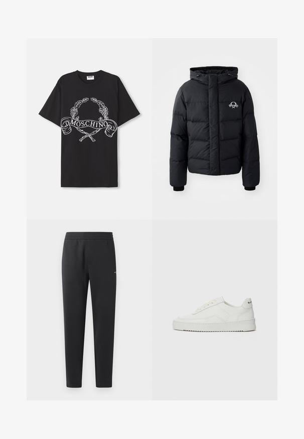 Černá péřová bunda s kapucí, s prošívaným vzorem, elastickými manžetami a logem na hrudi. Vyrobena z hladkého, vodoodpudivého materiálu.; Černá mikina vyrobená z měkkého materiálu, s kulatým výstřihem a žebrovanými manžetami. Výrazné bílé logo "MOSCHINO" na přední straně.; Černé triko vyrobené z bavlny, s bílou grafikou olivového věnce a zkřížených berlí uprostřed s textem "MOSCHINO".; Černé joggingové kalhoty vyrobené z měkké tkaniny, s elastickým pasem, rovnými nohavicemi a malým logem na boku.; Bílé kožené tenisky s hladkým povrchem, kulatou špičkou, plochými tkaničkami a texturovanou podrážkou. Na patě se nachází nenápadné logo.