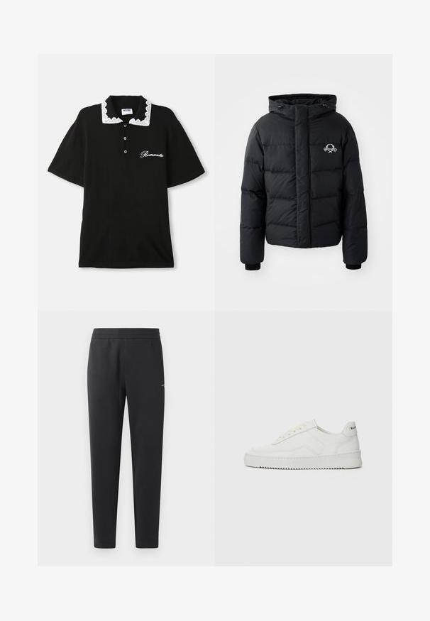 Černá péřová bunda s kapucí, s prošívaným vzorem, elastickými manžetami a logem na hrudi. Vyrobena z hladkého, vodoodpudivého materiálu.; Černá mikina vyrobená z měkkého materiálu, s kulatým výstřihem a žebrovanými manžetami. Výrazné bílé logo "MOSCHINO" na přední straně.; Černé polo triko s krátkým rukávem, bílým límečkem s krajkovým lemem, třemi předními knoflíky a na hrudi vyšitým nápisem "Romantic".; Černé joggingové kalhoty vyrobené z měkké tkaniny, s elastickým pasem, rovnými nohavicemi a malým logem na boku.; Bílé kožené tenisky s hladkým povrchem, kulatou špičkou, plochými tkaničkami a texturovanou podrážkou. Na patě se nachází nenápadné logo.