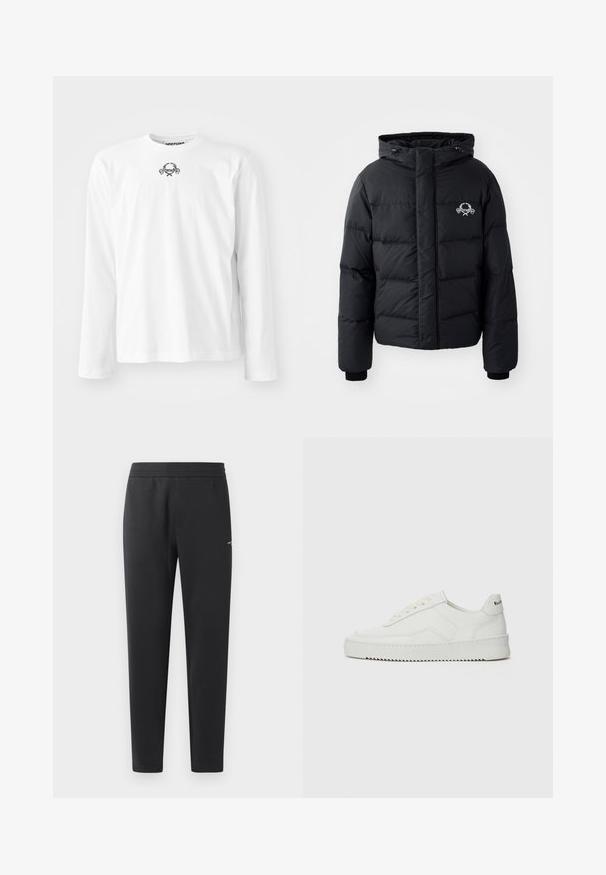 Black puffer jacket with a hood, featuring a quilted design, elastic cuffs, and a chest logo. Made of a smooth, water-resistant material.; Black sweatshirt made from soft fabric featuring a round neckline and ribbed cuffs. Prominent white "MOSCHINO" logo across the front.; White long-sleeve shirt made of cotton, featuring a round neckline and a small black graphic design at the center, with cuffed sleeves.; Black jogger pants made of soft fabric, featuring an elastic waistband, straight legs, and a single small logo detail on the side.; White leather sneaker with a smooth finish, round toe, flat laces, and a textured sole. Features a subtle logo on the heel.