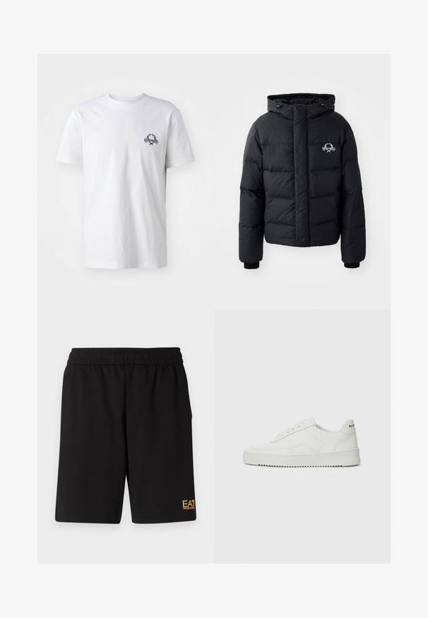 Melnā puffer jaka ar kapuci, ar kvadrātveida dizainu, elastīgiem piedurkņu galiem un krūšu logotipu. Izgatavota no gludas, ūdensizturīgas materiāla.; Melnā sudraba auduma džemperis ar mīkstu tekstūru, kas iezīmē apļa formas apkakli un ribaini rupjas piedurknes. Izteiksmīgs balts "MOSCHINO" logotips uz priekšpuses.; Baltas kokvilnas T-krekls ar nelielu melnu izšūtu dizainu uz krūtīm; īsas piedurknes un klasiska apļa kakla stils.; Melnas sporta šortus, kas izgatavoti no mīksta auduma, ar elastīgu jostu un mazu dzeltenu EA7 logo zem kreisā kājas stūra.; Baltas ādas sneakers ar gludu virsmu, apaļu pirkstu daļu, plakaniem šņorēm un teksturētu zoli. Satur diskrētu logotipu uz papēža.