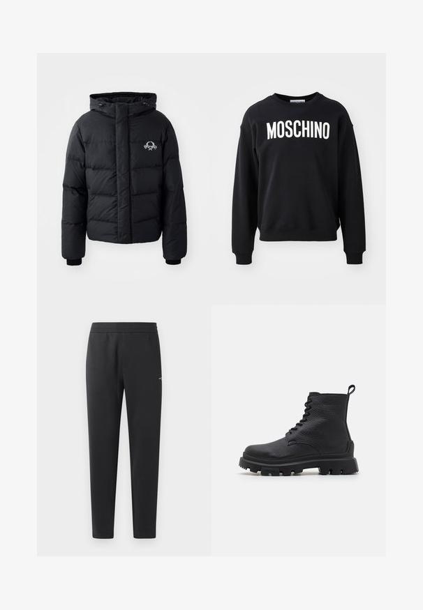 Black puffer jacket with a hood, featuring a quilted design, elastic cuffs, and a chest logo. Made of a smooth, water-resistant material.; Black sweatshirt made from soft fabric featuring a round neckline and ribbed cuffs. Prominent white "MOSCHINO" logo across the front.; Black jogger pants made of soft fabric, featuring an elastic waistband, straight legs, and a single small logo detail on the side.; Black leather ankle boot with textured finish, lace-up design, rugged sole, and a pull tab at the heel. Branded with "HUGO" on the side.