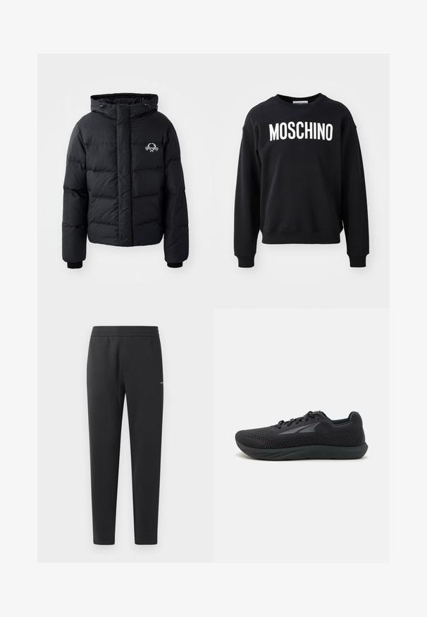 Black puffer jacket with a hood, featuring a quilted design, elastic cuffs, and a chest logo. Made of a smooth, water-resistant material.; Black sweatshirt made from soft fabric featuring a round neckline and ribbed cuffs. Prominent white "MOSCHINO" logo across the front.; Black jogger pants made of soft fabric, featuring an elastic waistband, straight legs, and a single small logo detail on the side.; Black athletic shoes with a mesh upper, rubber sole, rounded toe, and sleek design. Features laces and subtle logo detail on the side.