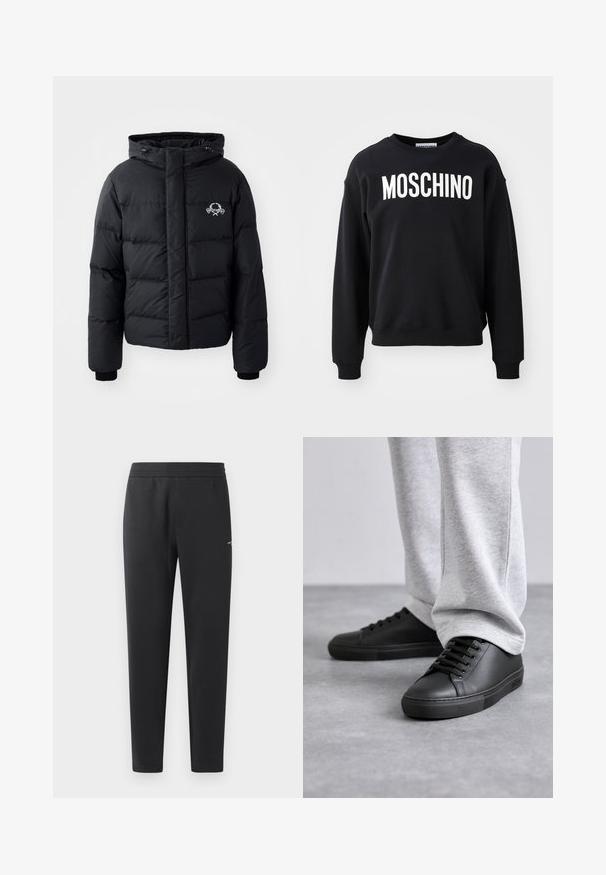 Black puffer jacket with a hood, featuring a quilted design, elastic cuffs, and a chest logo. Made of a smooth, water-resistant material.; Black sweatshirt made from soft fabric featuring a round neckline and ribbed cuffs. Prominent white "MOSCHINO" logo across the front.; Black jogger pants made of soft fabric, featuring an elastic waistband, straight legs, and a single small logo detail on the side.; MOSCHINO UOMO - Trainers - nero/rosso