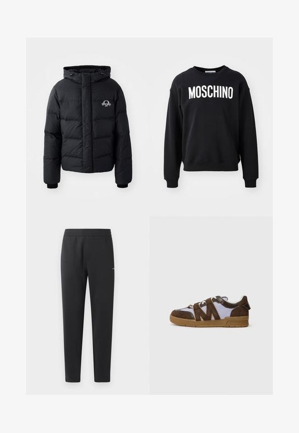 Black puffer jacket with a hood, featuring a quilted design, elastic cuffs, and a chest logo. Made of a smooth, water-resistant material.; Black sweatshirt made from soft fabric featuring a round neckline and ribbed cuffs. Prominent white "MOSCHINO" logo across the front.; Black jogger pants made of soft fabric, featuring an elastic waistband, straight legs, and a single small logo detail on the side.; Sneakers featuring a brown suede upper, beige mesh panels, and a gum rubber sole. Distinctive zigzag design on the sides. Lace closure.