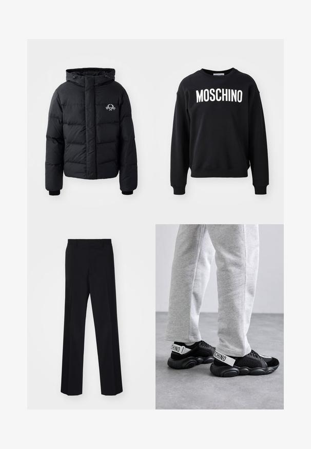 Fekete puffdzseki kapucnival, steppelt kialakítással, rugalmas mandzsettákkal és mellkasi logóval. Simább, vízálló anyagból készült.; Fekete pulóver puha anyagból, kerek nyakkivágással és bordázott mandzsettákkal. Jelentős fehér "MOSCHINO" felirattal az elülső részén.; Fekete, széles szárú, szabott nadrág sima textúrával és éles redőkkel, szőtt anyagból készült.; MOSCHINO UOMO - Sportcipő - nero/antracite