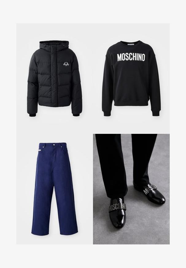 Μαύρο μπουφάν με κουκούλα, με καπιτονέ σχέδιο, ελαστικούς καρπούς και λογότυπο στο στήθος. Κατασκευασμένο από απαλό, αδιάβροχο υλικό.; Μαύρο φούτερ από μαλακό ύφασμα με στρογγυλή λαιμόκοψη και ριμπ μανσέτες. Εντυπωσιακό λευκό λογότυπο "MOSCHINO" μπροστά.; Πλατύ παντελόνι σε ναυτικό μπλε, φτιαγμένο από μαλακό ύφασμα. Διαθέτει κούμπωμα με κουμπί και μπροστινές τσέπες, με καθαρή εμφάνιση και χωρίς ορατά σχέδια.; MOSCHINO SCARPA UOMO - Παπούτσια χωρίς κορδόνια - nero