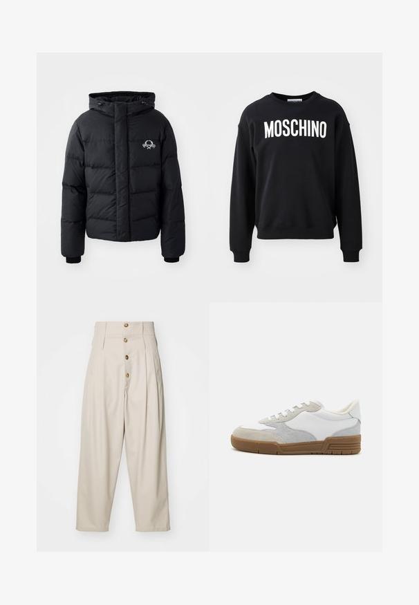 Čierna prešívaná bunda s kapucňou, ktorá má elastické manžety a logo na hrudníku. Vyrobená z hladkého, vodoodolného materiálu.; Čierna mikina vyrobená z mäkkého materiálu s okrúhlym výstrihom a rebrovanými manžetami. Výrazné biele logo "MOSCHINO" na prednej strane.; Béžové nohavice s vysokým pásom a rovný strih, so štyrmi prednými gombíkmi, skladmi a bočnými vreckami. Hladká textúra tkaniny.; Kožené a semišové tenisky v bielej, šedej a béžovej farbe. Obsahujú gumovú podrážku, okrúly špičku a šnurovací dizajn s polstrovaným golierom.
