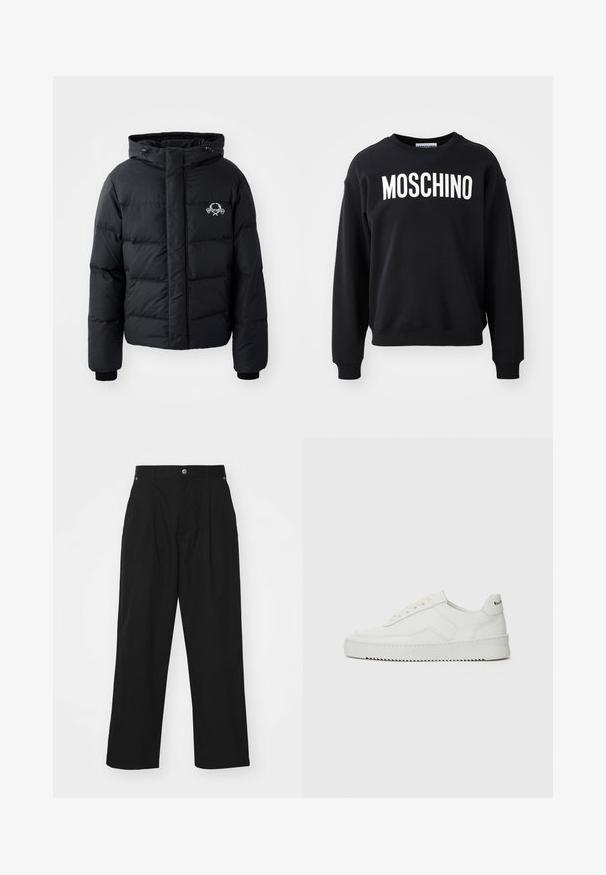 Czarna kurtka puchowa z kapturem, z pikowanym wzorem, elastycznymi mankietami i logo na piersi. Wykonana z gładkiego, wodoodpornego materiału.; Czarny sweatshirt wykonany z miękkiego materiału, z okrągłym dekoltem i ribbowymi mankietami. Wyraźne białe logo "MOSCHINO" na przodzie.; Czarne spodnie o szerokich nogawkach wykonane z lekkiego materiału. Posiadają zapięcie na guzik, plisowane przody oraz dwie boczne kieszenie.; Białe skórzane sneakersy o gładkim wykończeniu, okrągłym nosku, płaskich sznurówkach i teksturowanej podeszwie. Charakteryzują się delikatnym logo na pięcie.