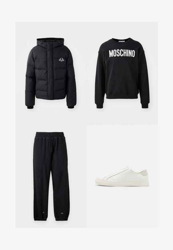 Zwarte pufferjack met een capuchon, voorzien van een gewatteerd ontwerp, elastische manchetten en een logo op de borst. Gemaakt van een glad, waterafstotend materiaal.; Zwarte sweatshirt gemaakt van zachte stof met een ronde halslijn en geribbelde manchetten. Prominente witte "MOSCHINO" logo over de voorkant.; Zwarte sweatpants met een elastische tailleband en trekkoord. Voorzien van zijzakken en elastische boorden, gemaakt van een zachte stof.; Witte leren sneaker met een gladde oppervlakte, ronde neus en minimalistisch ontwerp. Heeft beige accenten op de hiel en een rubberen zool.