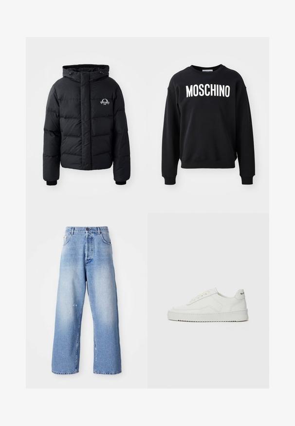 Must väljakutsete sätetele lõhelise disainiga must puhvrjakker, kapuutsiga, elastsete mansettidega ja rinnal logo. Valmistatud siledast, veekindlast materjalist.; Mustast sweatshirt pehmest kangast, ümar kaelus ja soonikud varrukkates. Ees silmatorkav valge "MOSCHINO" logo.; Heledad sinine teksarihm, millel on kulunud viimistlus, nupuga kinnitamine, vööloopide ja veidi kulumisega põlve lähedal.; Valge nahast tennis, millel on sile põhi, ümar varvas, lamedad nöörid ja tekstuuriline tall. Sisaldab diskreetset logo kontsaribal.