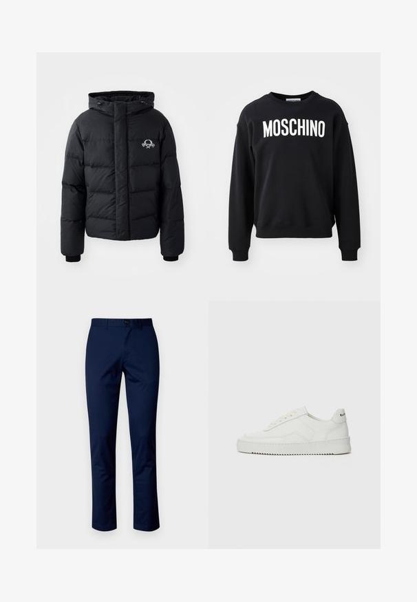 Fekete puffdzseki kapucnival, steppelt kialakítással, rugalmas mandzsettákkal és mellkasi logóval. Simább, vízálló anyagból készült.; Fekete pulóver puha anyagból, kerek nyakkivágással és bordázott mandzsettákkal. Jelentős fehér "MOSCHINO" felirattal az elülső részén.; Sötétkék pamut nadrág egyenes szabással, elöl gombos záródással, övhurkokkal és tiszta varrással. Simaszerkezetű, minták nélkül.; Fehér bőr sportcipő sima felülettel, kerek orral, lapos fűzőkkel és texturált talppal. Finom logó található a sarokon.