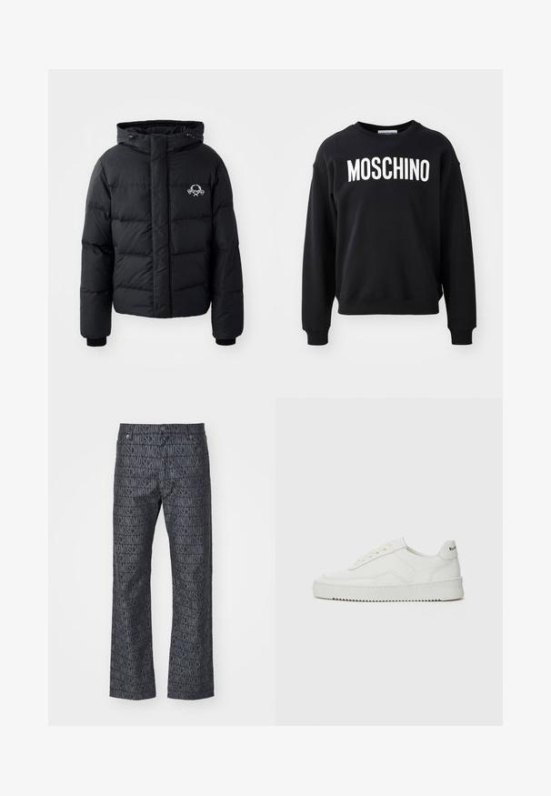 Must väljakutsete sätetele lõhelise disainiga must puhvrjakker, kapuutsiga, elastsete mansettidega ja rinnal logo. Valmistatud siledast, veekindlast materjalist.; Mustast sweatshirt pehmest kangast, ümar kaelus ja soonikud varrukkates. Ees silmatorkav valge "MOSCHINO" logo.; MOSCHINO PANTALONE - Sirgete säärtega teksad - fantasia nero; Valge nahast tennis, millel on sile põhi, ümar varvas, lamedad nöörid ja tekstuuriline tall. Sisaldab diskreetset logo kontsaribal.