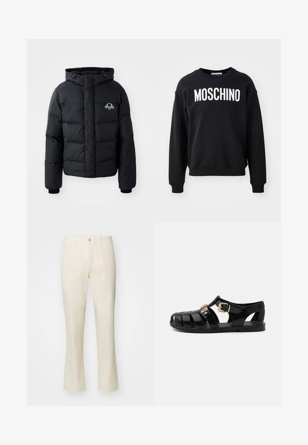 Black puffer jacket with a hood, featuring a quilted design, elastic cuffs, and a chest logo. Made of a smooth, water-resistant material.; Black sweatshirt made from soft fabric featuring a round neckline and ribbed cuffs. Prominent white "MOSCHINO" logo across the front.; Beige cotton pants with a straight leg design, featuring a button closure and side pocket. Smooth texture and simple style.; Black rubber sandals with cut-out design, featuring a gold buckle closure and textured insole. Stamped logo on the heel.