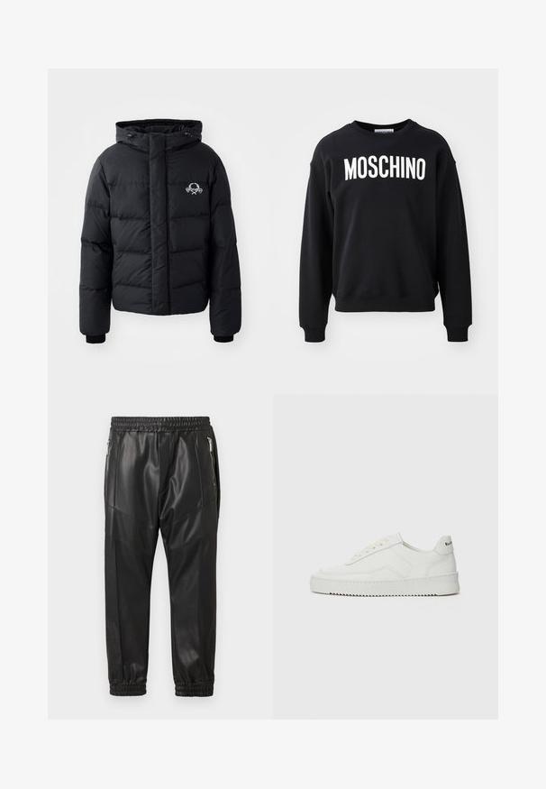 Must väljakutsete sätetele lõhelise disainiga must puhvrjakker, kapuutsiga, elastsete mansettidega ja rinnal logo. Valmistatud siledast, veekindlast materjalist.; Mustast sweatshirt pehmest kangast, ümar kaelus ja soonikud varrukkates. Ees silmatorkav valge "MOSCHINO" logo.; Mustad kunstnahast dressipüksid elastse vöökohaga, tõmblukuga küljetaskudega ja kitsenevate varrukatega. Omavad õmbluse detaile, mis annavad lisatekstuuri.; Valge nahast tennis, millel on sile põhi, ümar varvas, lamedad nöörid ja tekstuuriline tall. Sisaldab diskreetset logo kontsaribal.