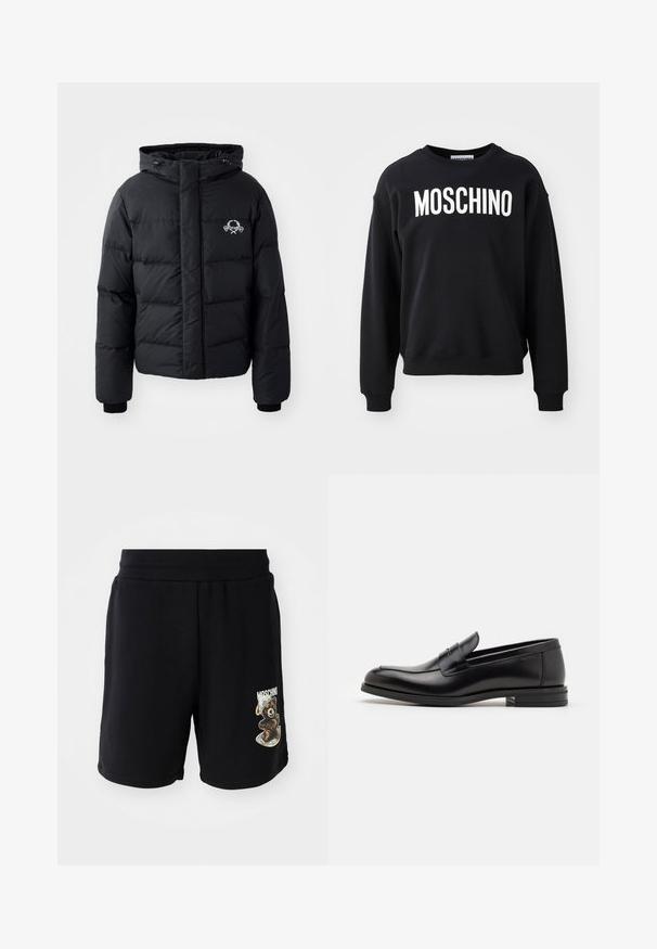 Čierna prešívaná bunda s kapucňou, ktorá má elastické manžety a logo na hrudníku. Vyrobená z hladkého, vodoodolného materiálu.; Čierna mikina vyrobená z mäkkého materiálu s okrúhlym výstrihom a rebrovanými manžetami. Výrazné biele logo "MOSCHINO" na prednej strane.; Čierne bavlnené šortky s elastickým pásom, na ľavej nohe s grafikou medveďa a textom "Moschino". Hladká textúra, dĺžka do kolien.; Čierne kožené mokasíny s hladkou textúrou, zaoblenou špičkou a dekoračným pásikom cez priehlavok. Nízky vrstvený opätok, minimalistický dizajn.