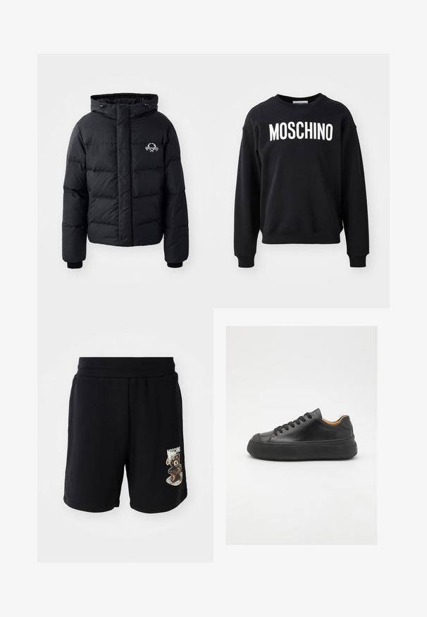 Sort pufferjakke med hætte, med et quiltet design, elastiske manchetter og et brystlogo. Lavet af et glat, vandafvisende materiale.; Sort sweatshirt lavet af blødt stof med rund halsudskæring og ribstrikkede manchetter. Fremtrædende hvid "MOSCHINO" logo tværs over forsiden.; Sorte bomuldsshorts med elastisk talje, prydet med en bjørnegrafik og "Moschino" tekst på venstre ben. Glat tekstur, knælængde design.; Sort lædersneaker med rund tå, snørebånd foran, glat overflade, tyk gummisål og kontrasterende tan inderside.