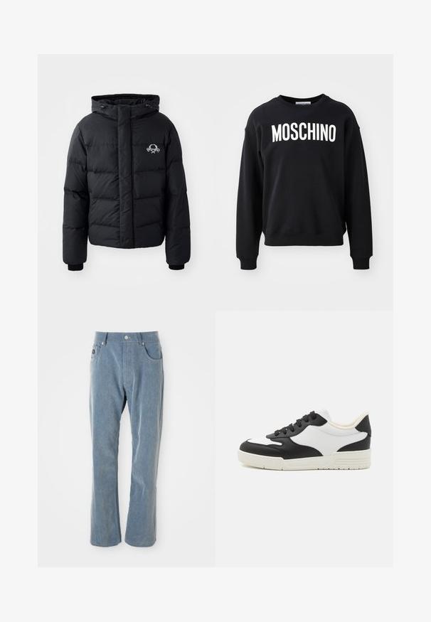 Chaqueta de plumas negra con capucha, que presenta un diseño acolchado, puños elásticos y un logo en el pecho. Fabricada con un material suave y resistente al agua.; Sudadera negra hecha de una tela suave con cuello redondo y puños acanalados. Logotipo prominente en blanco "MOSCHINO" en la parte frontal.; Pantalones de pana de color azul claro con cierre de botón y cremallera, bolsillos frontales y piernas rectas sobre fondo blanco.; Zapatilla en blanco y negro con un upper de cuero suave, puntera redondeada y suela de goma plana. Presenta cordones negros y un forro interno suave.